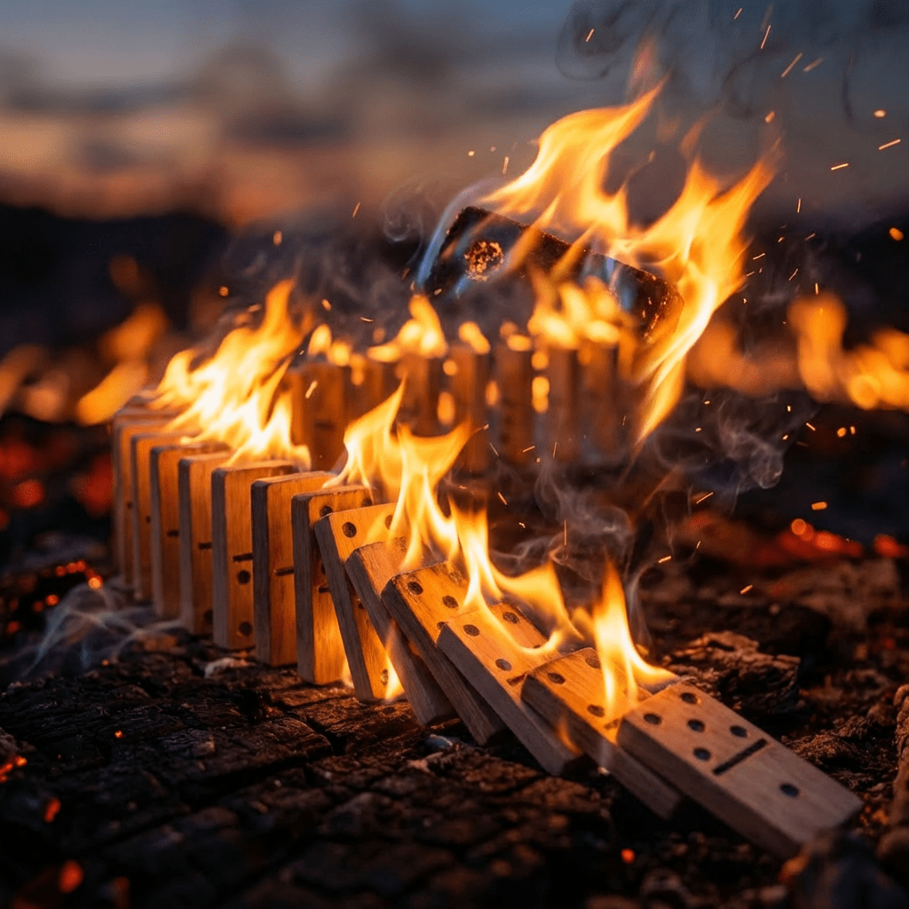 A single domino tile engulfed in vibrant orange and blue flames on charred wood.